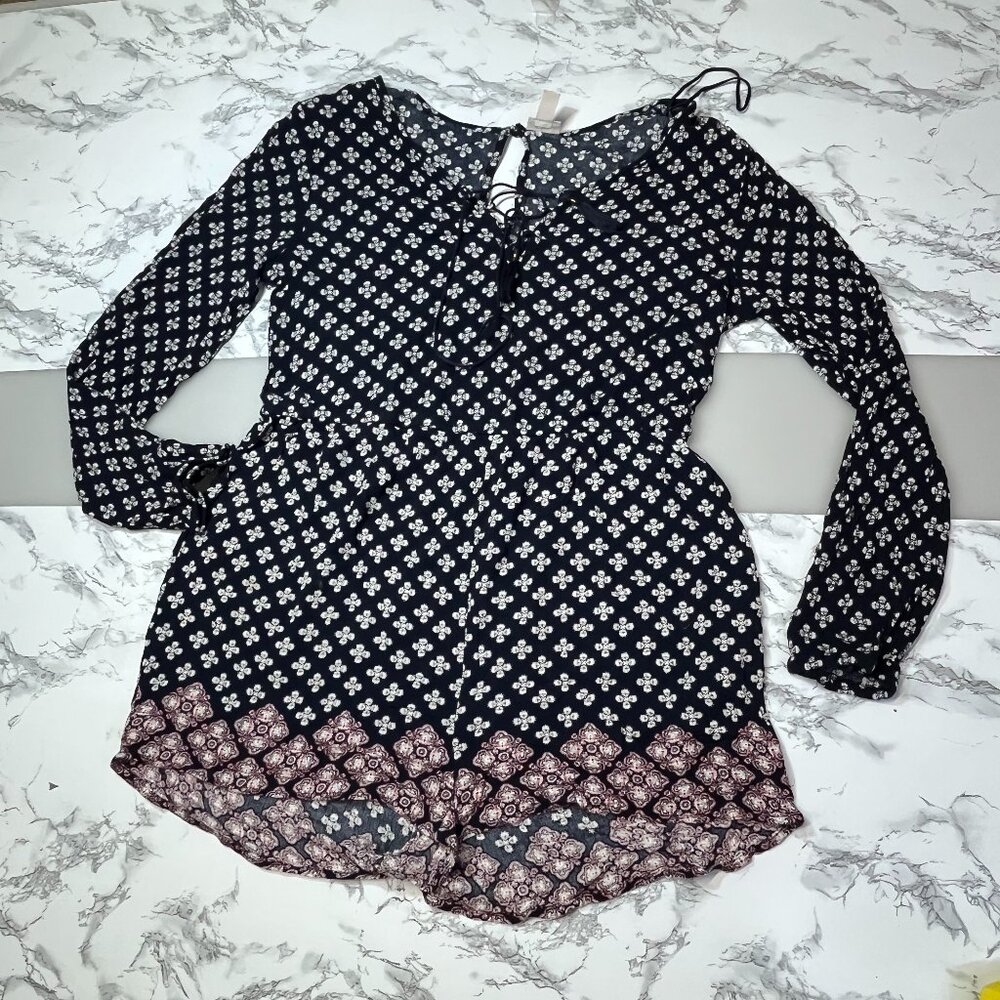cape juby womens large Long Sleeve Shorts Romper blue pink floral rayon travel L